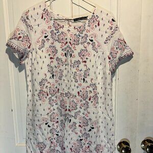 NWT - White Midi Dress with Boho Pattern in Pink and Navy